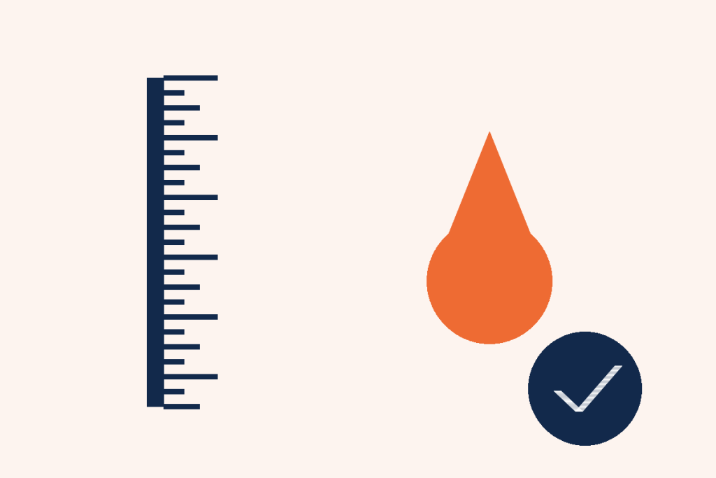 Flat illustration of a graduated measurement scale beside a liquid droplet and a calibration verification badge, representing ISO 8655 pipette calibration